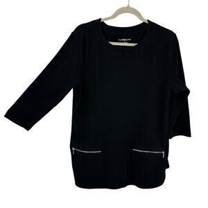 Croft & Barrow Women Black Tunic Top Large Roundneck Zipper Pockets Artsy Casual